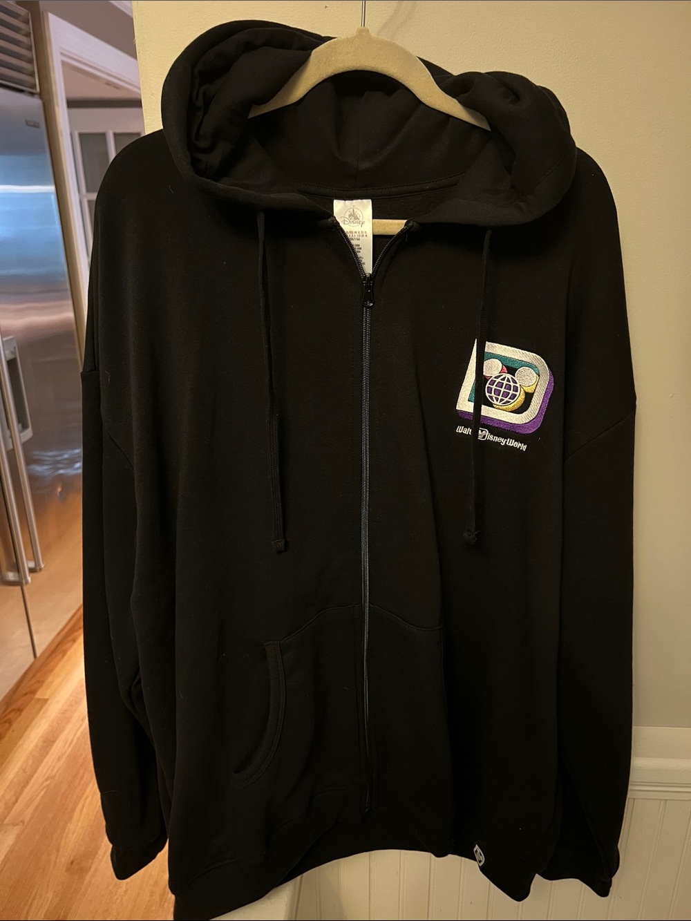 Disney Black Zip-Up Hoodie with Multicolor Embroidered Patch